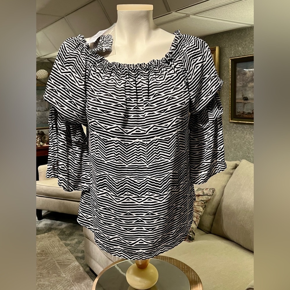 White House Black Market Women's‎ S Off-The-Shoulder Shadow Stripe Blouse Top